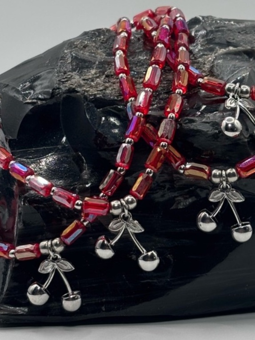 *ANKLET* S. Steel Silver Cherries with AB Red Crystal Stretchy Anklet - Picture 1 of 7